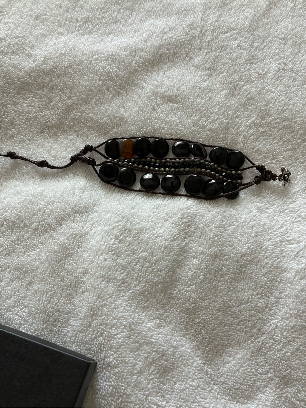 Womens Black Beaded Leather Bracelet with Accent Bead